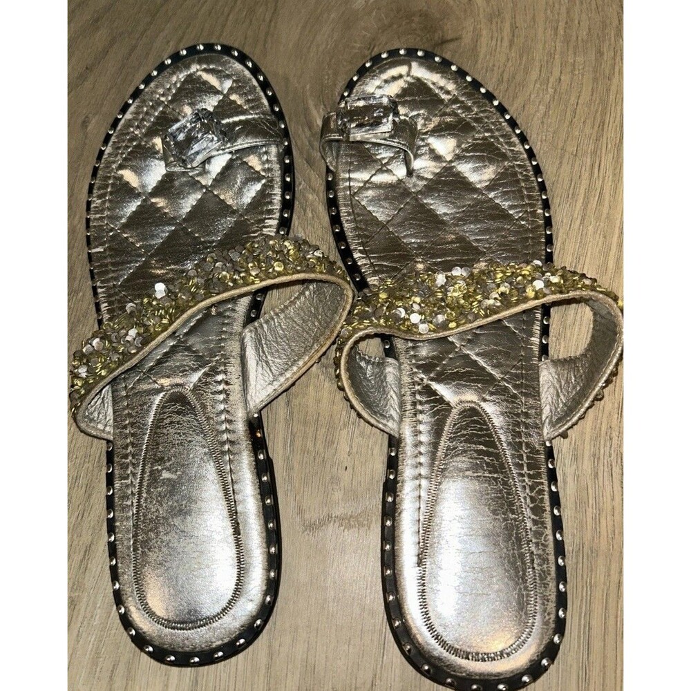 Jolimall Walk Of Riches Silver Rhinestone Flat Sandals Jewel Toe Ring Slide 7